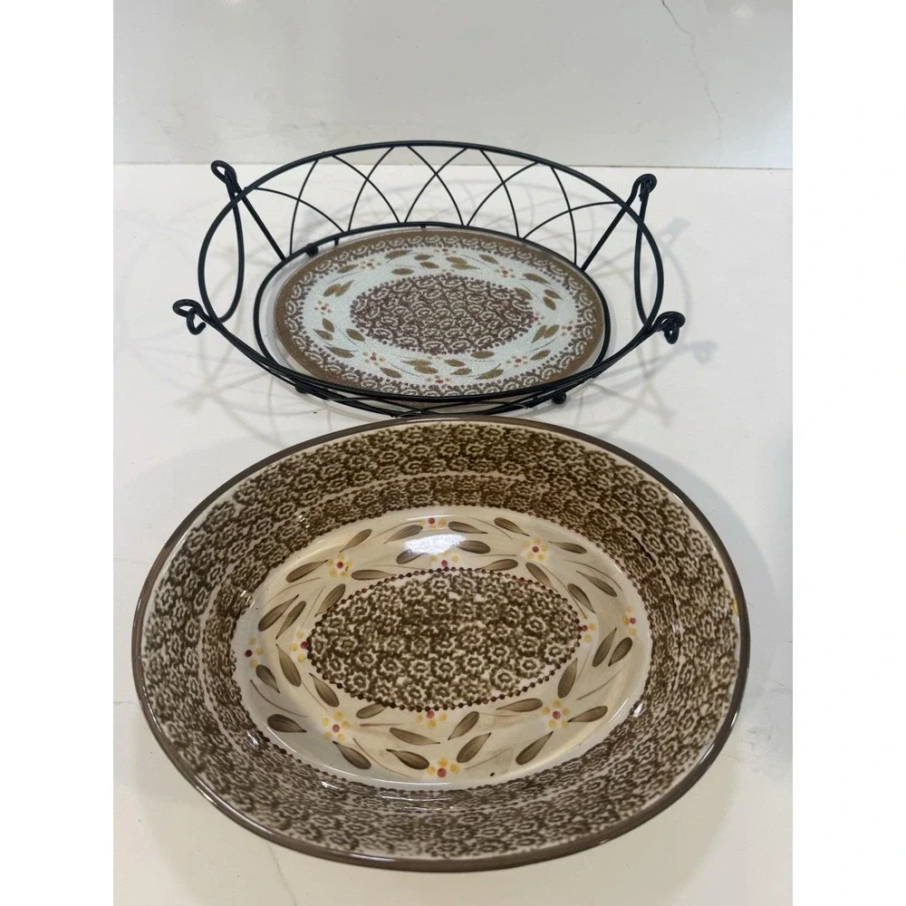 Temptations by Tara Old World BROWN 2 QT Oval Casserole Dish Rack Trivet 3 Pcs